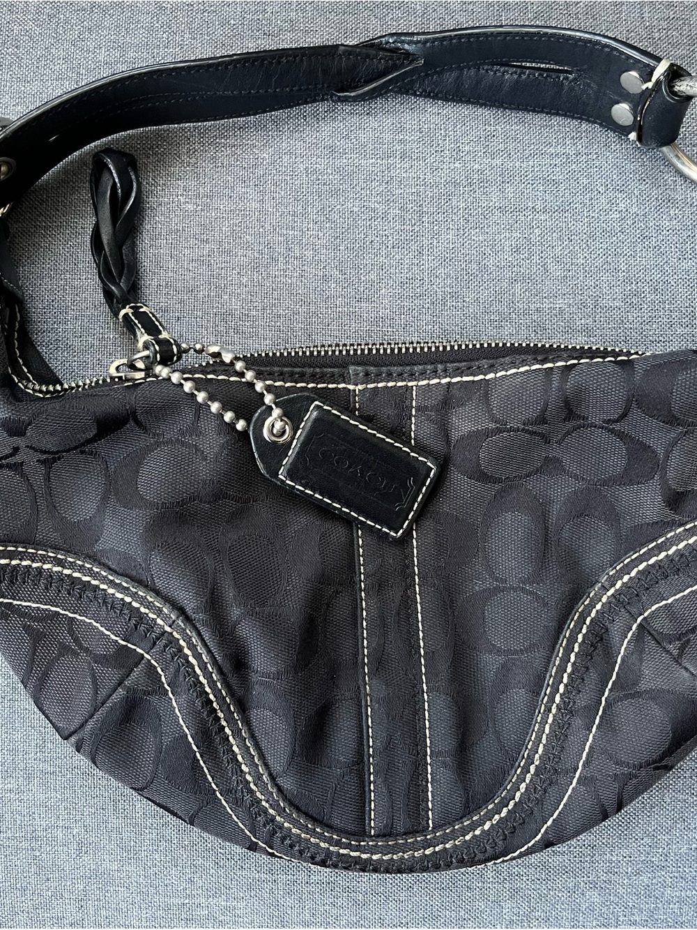 Coach Black Signature Canvas Shoulder Hobo with Contrast Stitching